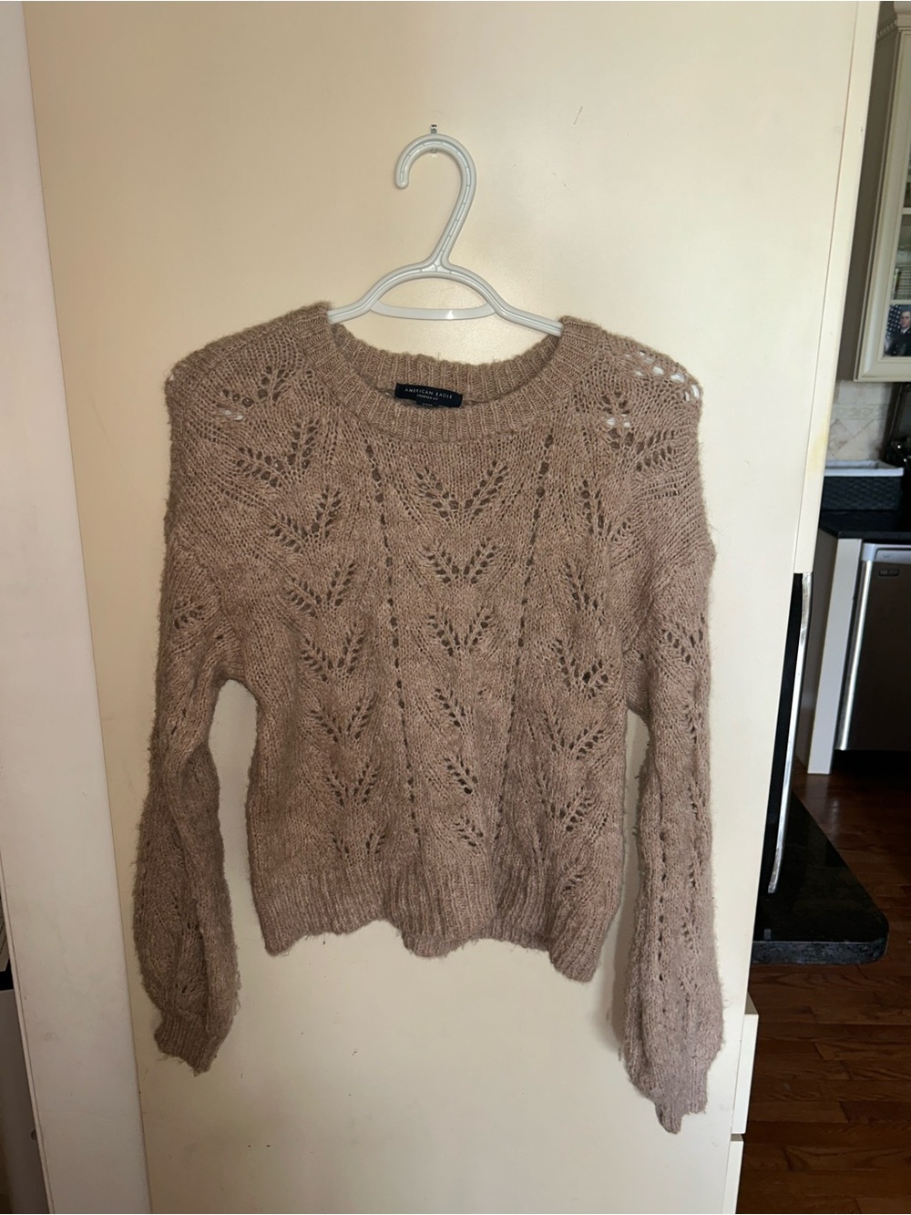 American Eagle Outfitters Open-Knit Crewneck Sweater in Taupe